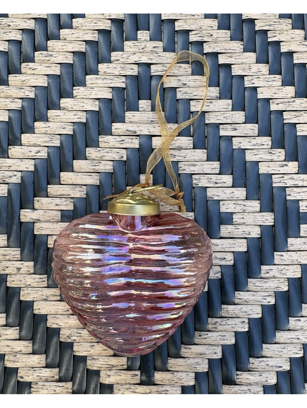 Pink Iridescent Ribbed Heart Molded Glass Hanging Decorative Ornament
